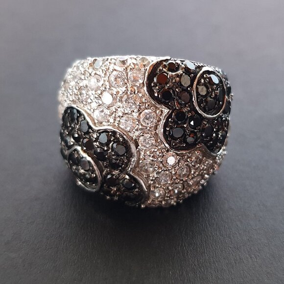 Vintage 925 Sterling Silver Black & White Cubic Zirconia Dome Cocktail Ring - Picture 3 of 15